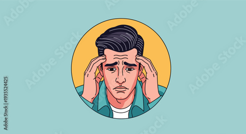 Close up of a man suffering from a severe headache or stress as he holds his temples in pain inside a bright yellow circular frame.