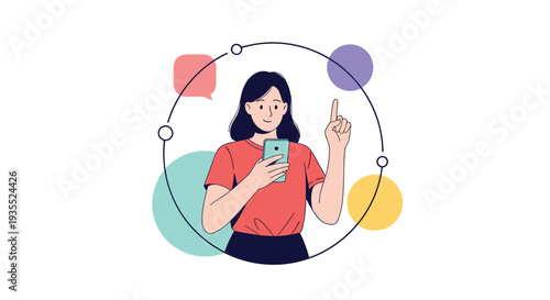 Woman uses her smartphone while pointing upwards as circular icons representing messages and media float around her in the air.