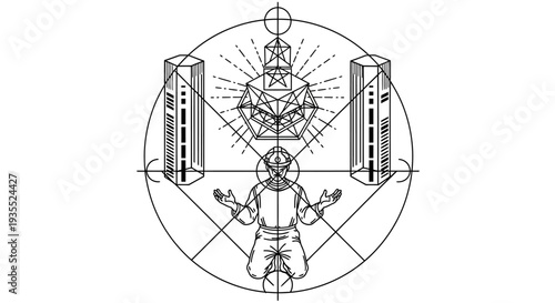 Mystical Geometric Symbol with Kneeling Figure and Spiritual Energy Rays