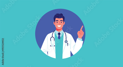 Smiling male doctor in a white lab coat with a stethoscope points his index finger upwards inside a dark blue circular frame.