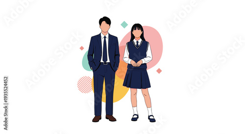Male and female school students in formal dark uniforms stand together against a background of colorful abstract geometric shapes.