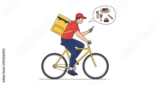 Delivery man on a yellow bicycle carries a thermal backpack and checks his phone while imagining different delicious food options.
