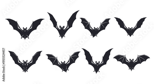 Set of eight black bat silhouettes shown in various flying positions with wings spread wide against a plain white background.