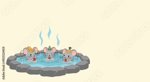 Three cute cartoon mice wearing colorful winter hats soak together in a steaming hot outdoor onsen spring with smooth grey stones.