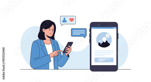Happy woman uses her smartphone to browse a social media profile with colorful message and like icons appearing in the background.