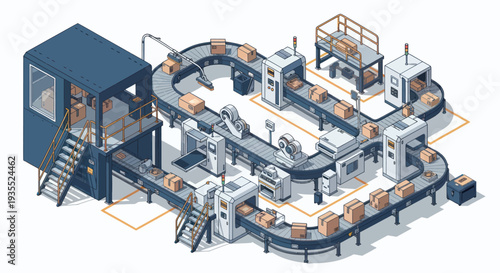 Automated Industrial Production Line with Conveyor Belts and Robotic Arms.