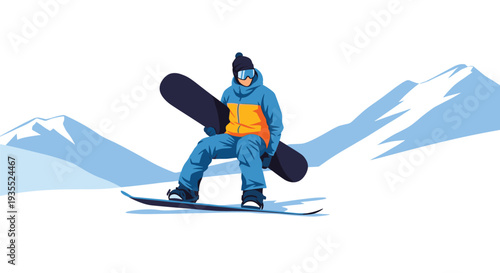 Active snowboarder in blue and yellow winter clothing sits on a snowboard while resting on a snowy mountain slope with distant peaks.