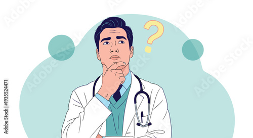 Thoughtful male doctor in a white medical coat touches his chin while thinking about a question mark floating in the background.