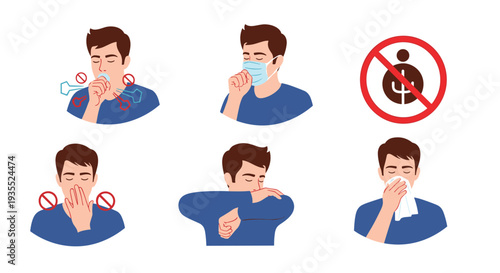 Hygiene guidelines chart shows a man coughing and sneezing with icons indicating correct practices to prevent the spread of illness.
