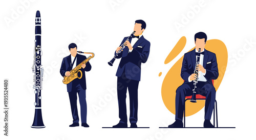 Group of professional musicians in formal tuxedos play woodwind instruments including the clarinet and saxophone in various poses.