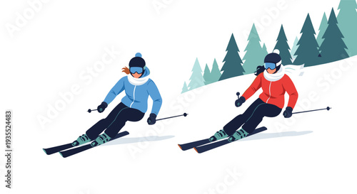 Two female skiers in bright blue and red winter jackets glide down a snowy mountain slope past a row of green evergreen pine trees.