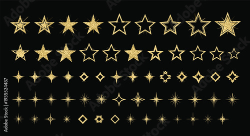 Large set of golden glitter star and sparkle shapes in various artistic styles arranged in rows on a solid black background.