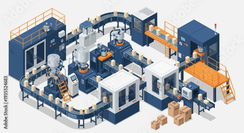 Automated Industrial Production Line with Conveyor Systems and Machinery.