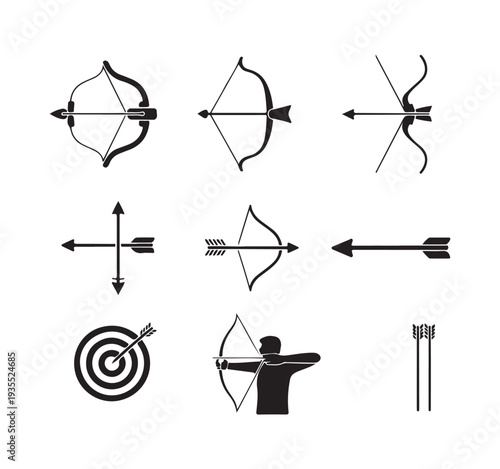 Archery silhouette set including archer bows arrows and target for sport and competition branding