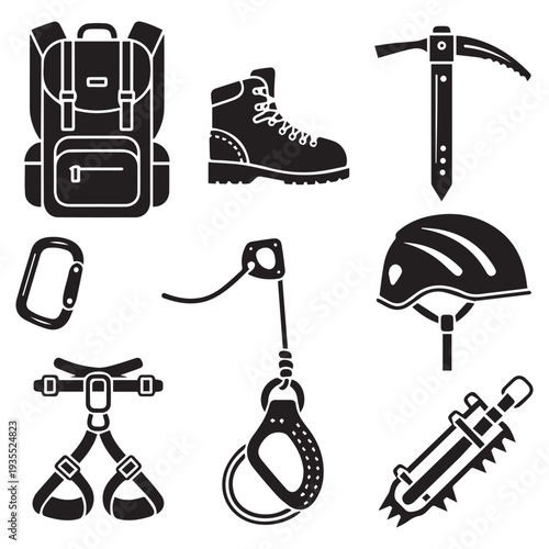 Climbing equipment icons set, hiking gear symbols, adventure tools, outdoor activities