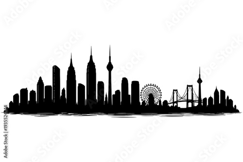 Silhouette of iconic global skyline with landmarks and ferris wheel.