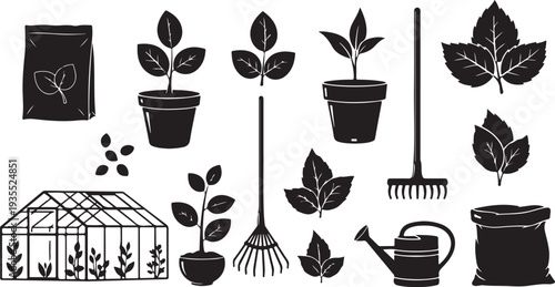 Gardening tools and plants in a simple black illustration