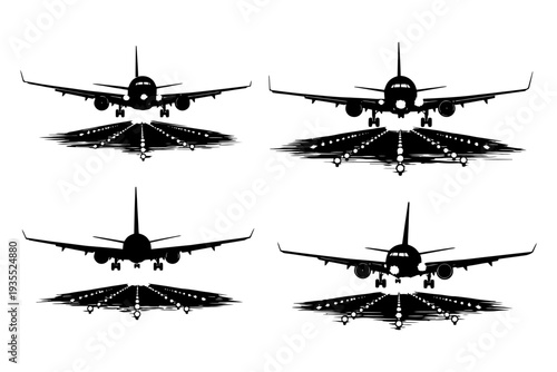 Four airplanes landing on runway silhouette set.