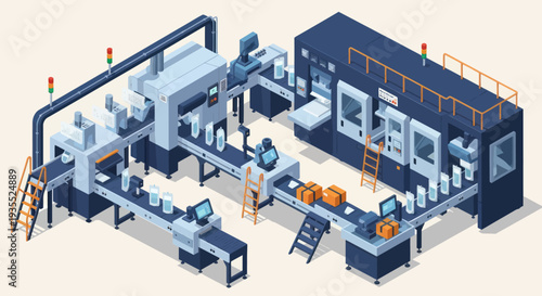 Automated Industrial Production Line with Robotic Arms and Conveyor Belts.