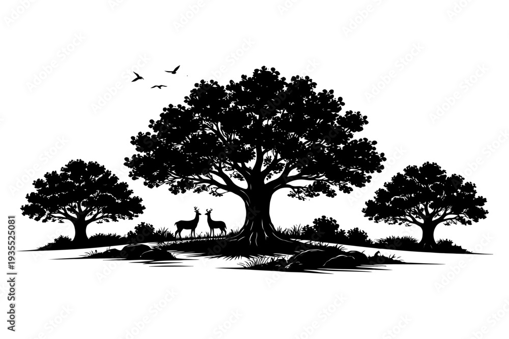 Obraz premium Silhouette of deer under majestic oak trees in natural landscape.
