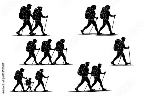 Silhouette hikers: diverse groups trekking with backpacks.