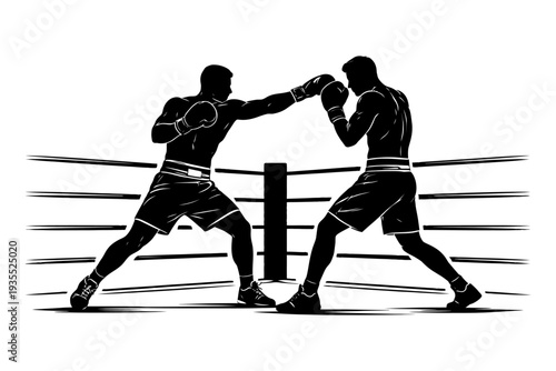 Silhouette of two male boxers sparring in a boxing ring.