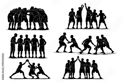 Silhouettes of male athletes in team sports actions and poses.