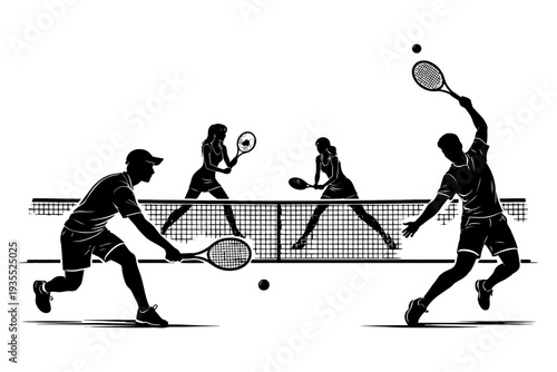 Silhouette of mixed gender tennis players in dynamic match.
