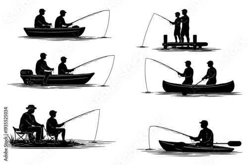 Silhouettes of men fishing in boats and on pier – leisure, outdoors, water, activity, relaxing.