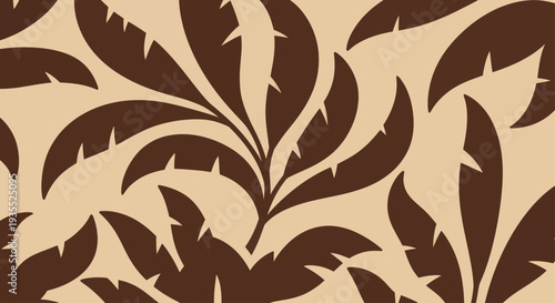 Brown and beige floral pattern with stylized leaves and thorns.