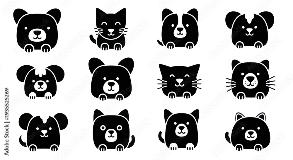 Fototapeta premium Collection of Cute Black Animal Faces Icons Set.