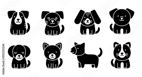 Collection of Cute Black and White Dog Silhouettes for Various Designs.