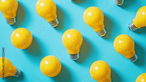Yellow light bulbs pattern, blue background, idea concept, stock photo