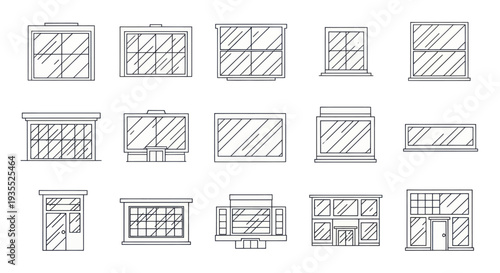 Collection of Hand Drawn Building Facades and Windows Architectural Elements.