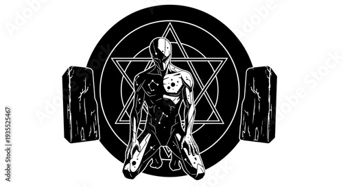 Mysterious Futuristic Figure Kneeling Before Sacred Geometry Symbol