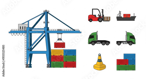 Shipping port equipment and vehicles illustration.