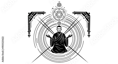 Zen Monk Meditating with Sacred Geometry and Cosmic Energy
