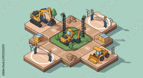 Construction site with excavators and workers isometric view.