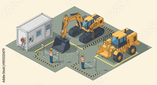 Construction Site with Excavator and Loader Machines.