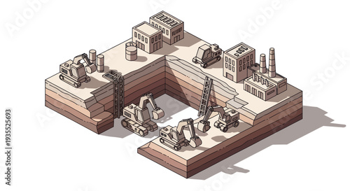Construction site with heavy machinery and buildings in isometric view.