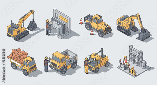 Construction Vehicles and Equipment Set Isometric View.