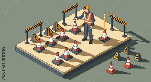 Construction worker arranging traffic cones on a raised platform.