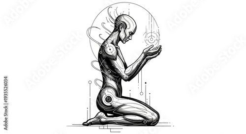 Futuristic Humanoid Robot Kneeling, Holding Glowing Orb, Sci-Fi Art