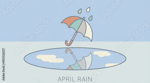 Colorful umbrella standing in puddle on rainy day with reflection and clouds