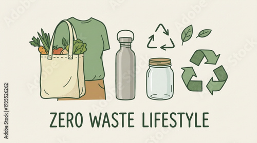 Eco friendly zero waste lifestyle concept with reusable bag bottle jar and recycling symbols on beige background