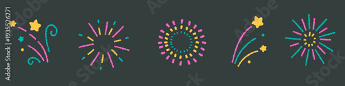 Colorful hand drawn fireworks set on dark background. Bright festive elements in crayon style for celebration, holiday, party design and greeting cards. Doodle crayon fireworks.