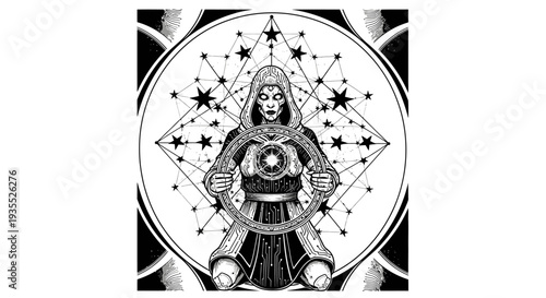 Mystical Figure in Geometric Cosmic Circle