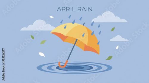 Vibrant yellow umbrella in puddle with raindrops and clouds spring april rain concept
