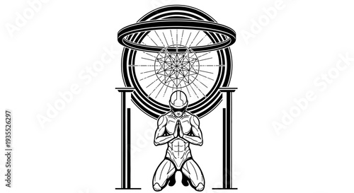 Futuristic Man Praying to a Cosmic Wheel