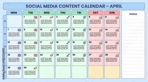 Social media content calendar for april with colorful daily icons and notes space